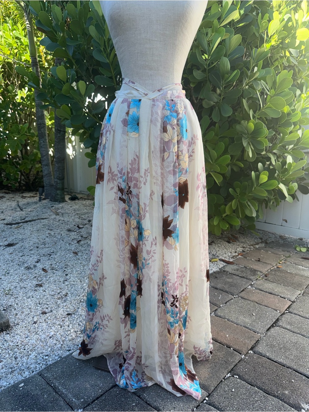 Vintage Silk Ivory Floral Maxi Skirt with Blue and Purple velvet Accents